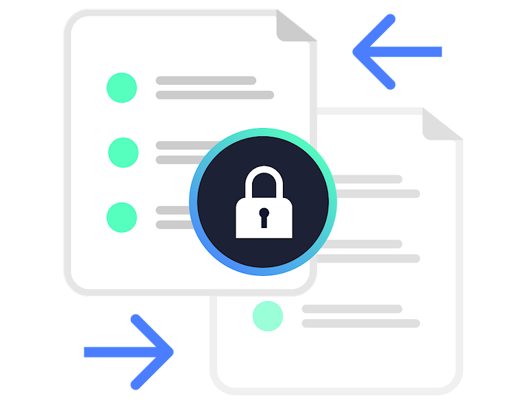 Two illustrated documents tangent by blue opposite arrows. The documents are locked by an iconified padlock